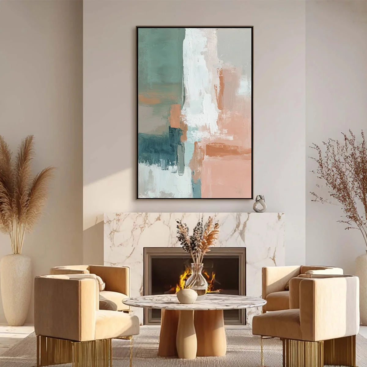 COASTAL ECHOES: Muted Tones Abstract Landscape Painting | black frame version on white wall