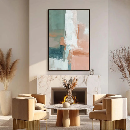 COASTAL ECHOES: Muted Tones Abstract Landscape Painting | black frame version on white wall