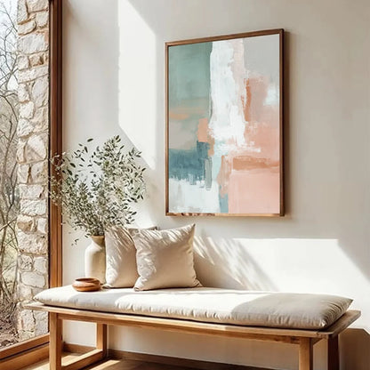 COASTAL ECHOES: Muted Tones Abstract Landscape Painting | Abstract mood, soft natural light studio shot