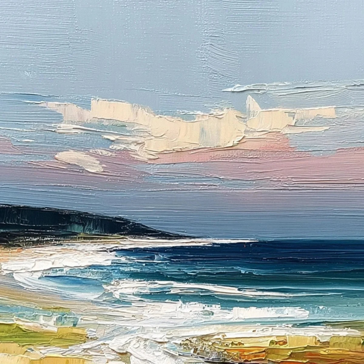 COASTAL EMBRACE: Textured Impasto Seascape Oil Painting | rectangular format, hand-painted canvas edge