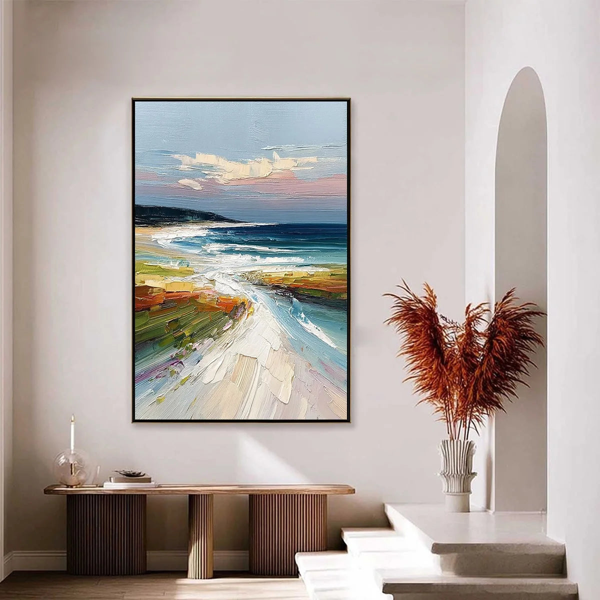 COASTAL EMBRACE: Textured Impasto Seascape Oil Painting | gold frame stretched on neutral wall