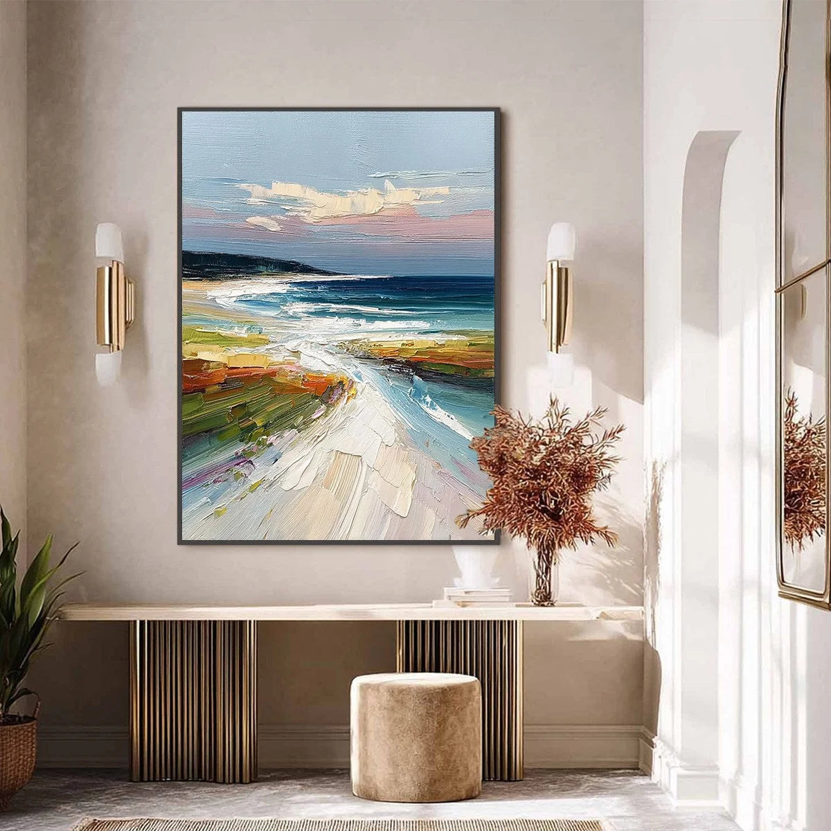 COASTAL EMBRACE: Textured Impasto Seascape Oil Painting | black frame version on white wall