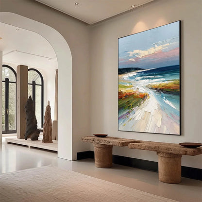 COASTAL EMBRACE: Textured Impasto Seascape Oil Painting | Abstract mood, soft natural light studio shot