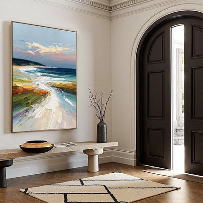 COASTAL EMBRACE: Textured Impasto Seascape Oil Painting | beige palette, original Hand-painted on premium stretched canvas using artist-grade oils; rich layered surface combines smooth gradients wi...
