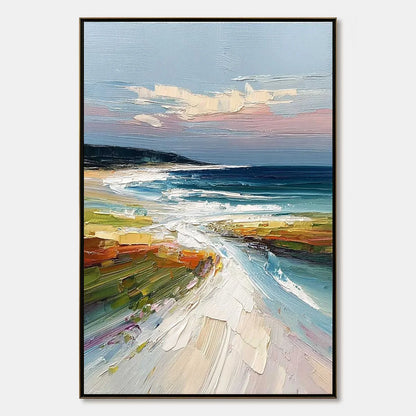 COASTAL EMBRACE: Textured Impasto Seascape Oil Painting | hanging in COASTAL EMBRACE: Textured Impasto Seascape Oil Painting featuring layered textured brushwork in refined tones; abstract composit...