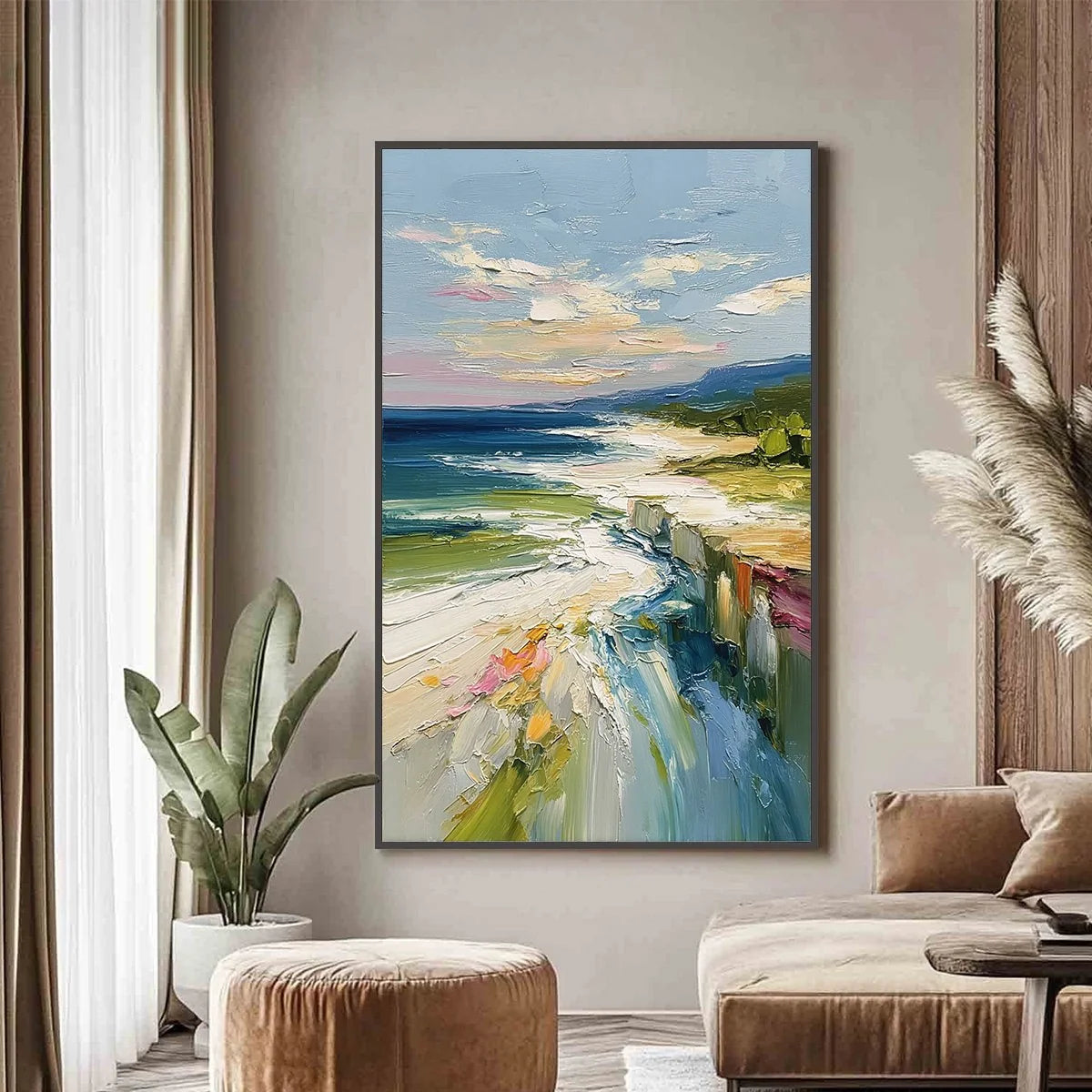 COASTAL EMBRACE: Textured Impasto Seascape Oil Painting for Wall Decor | Abstract closeup, raised brushwork detail