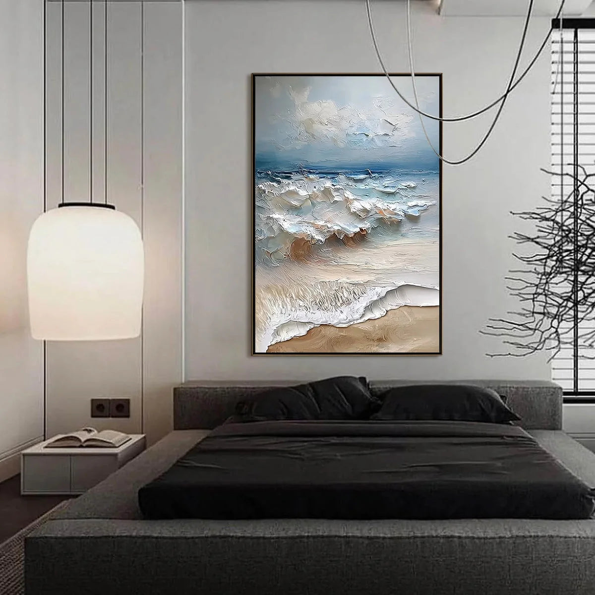 COASTAL EMBRACE: Textured Impasto Seascape Oil Painting | gold frame stretched on neutral wall