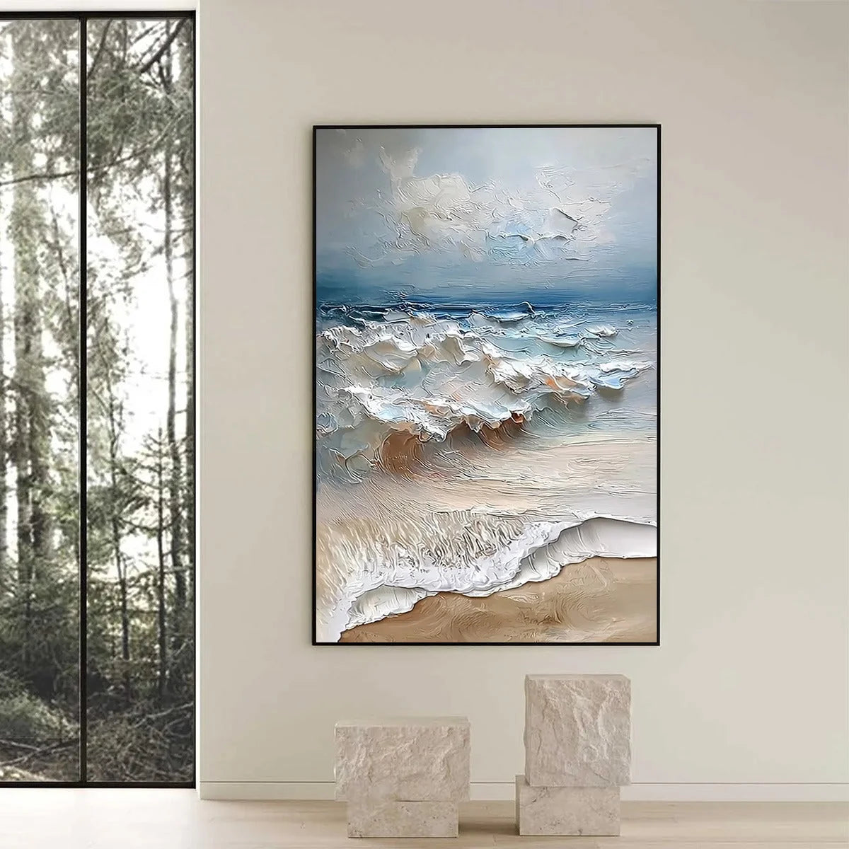 COASTAL EMBRACE: Textured Impasto Seascape Oil Painting | black frame version on white wall