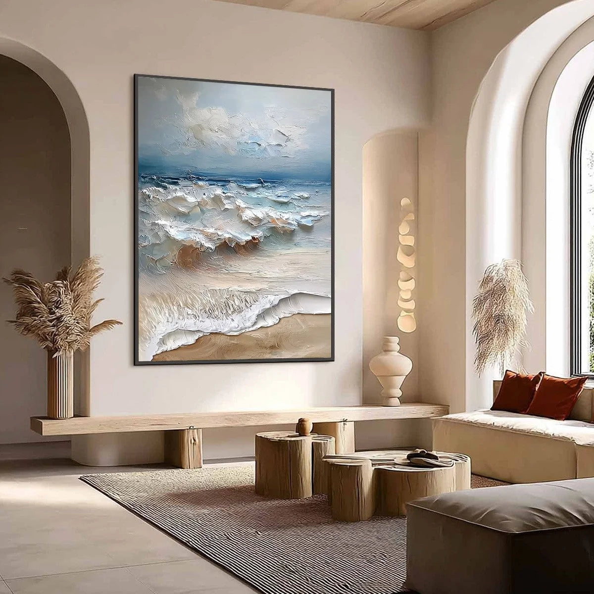 COASTAL EMBRACE: Textured Impasto Seascape Oil Painting | Abstract mood, soft natural light studio shot