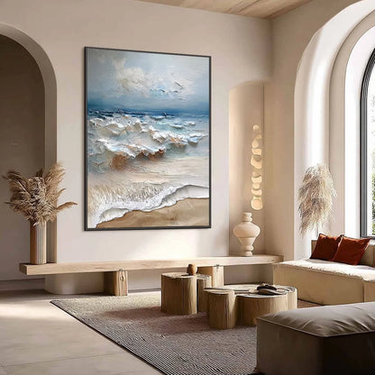 COASTAL EMBRACE: Textured Impasto Seascape Oil Painting | Abstract mood, soft natural light studio shot