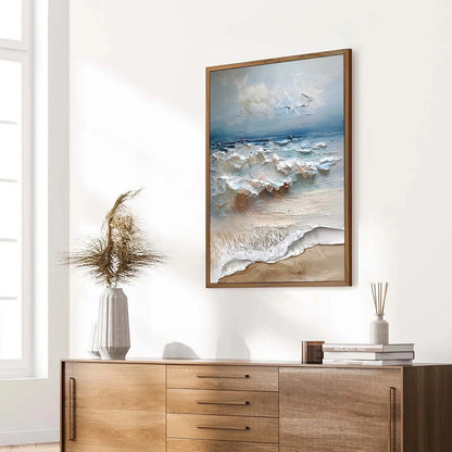 COASTAL EMBRACE: Textured Impasto Seascape Oil Painting | beige palette, original Hand-painted on premium stretched canvas using artist-grade oils; rich layered surface combines smooth gradients wi...