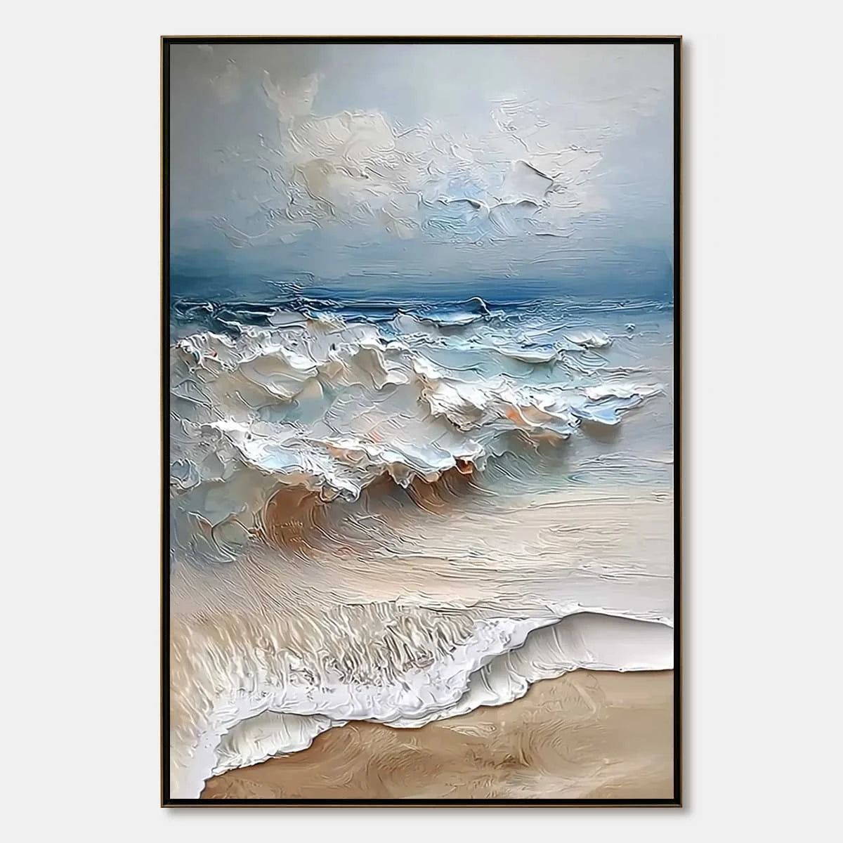 COASTAL EMBRACE: Textured Impasto Seascape Oil Painting | hanging in COASTAL EMBRACE: Textured Impasto Seascape Oil Painting featuring layered textured brushwork in refined tones; abstract composit...