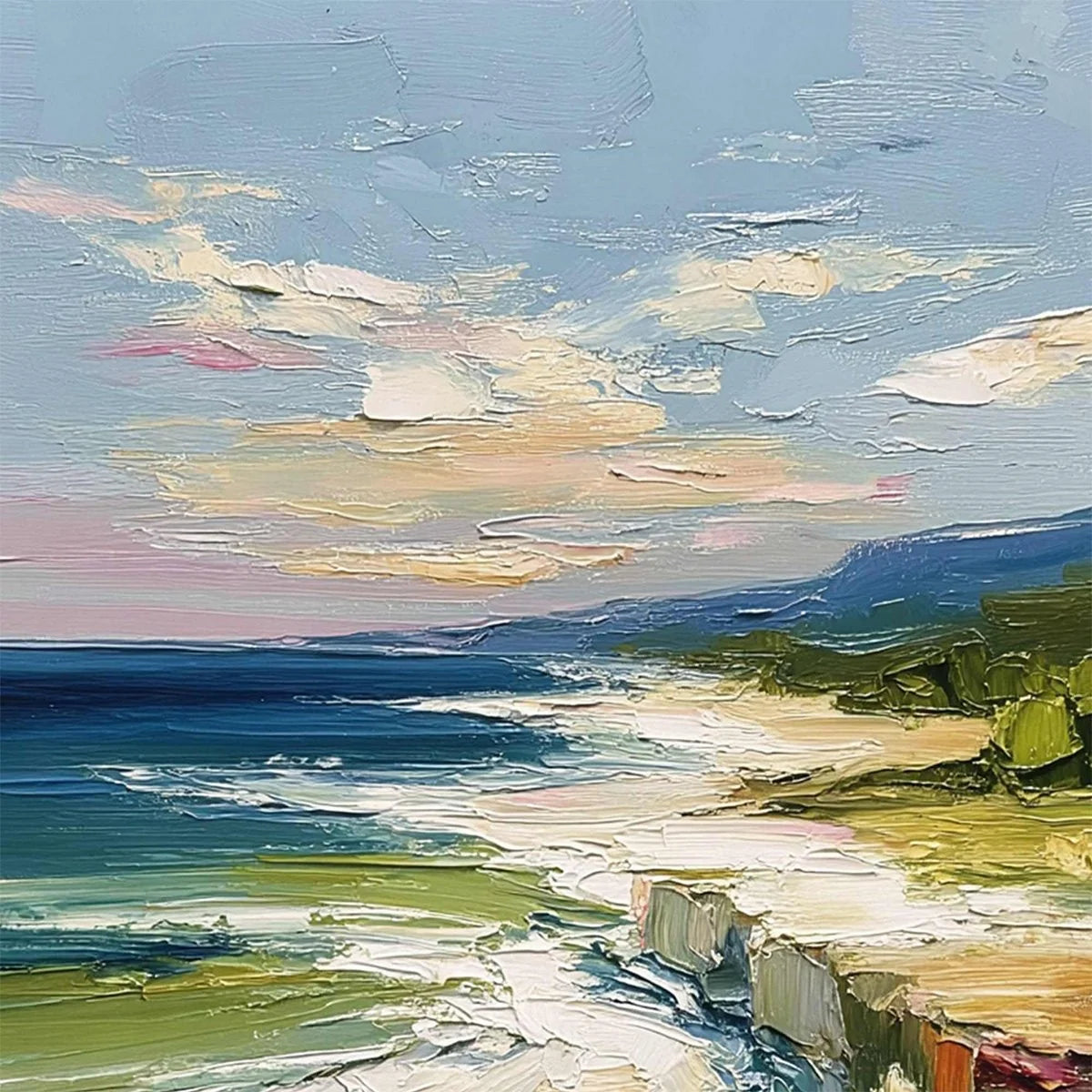 COASTAL EMBRACE: Textured Impasto Seascape Oil Painting for Wall Decor | rectangular format, hand-painted canvas edge