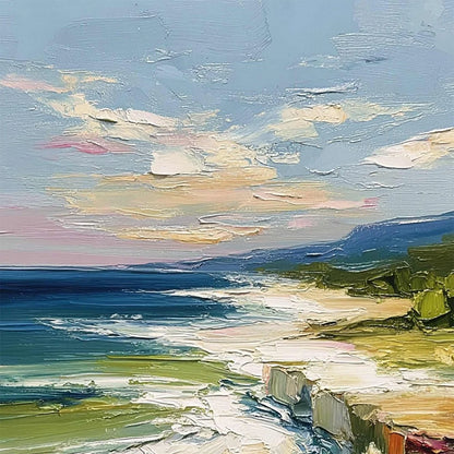 COASTAL EMBRACE: Textured Impasto Seascape Oil Painting for Wall Decor | rectangular format, hand-painted canvas edge