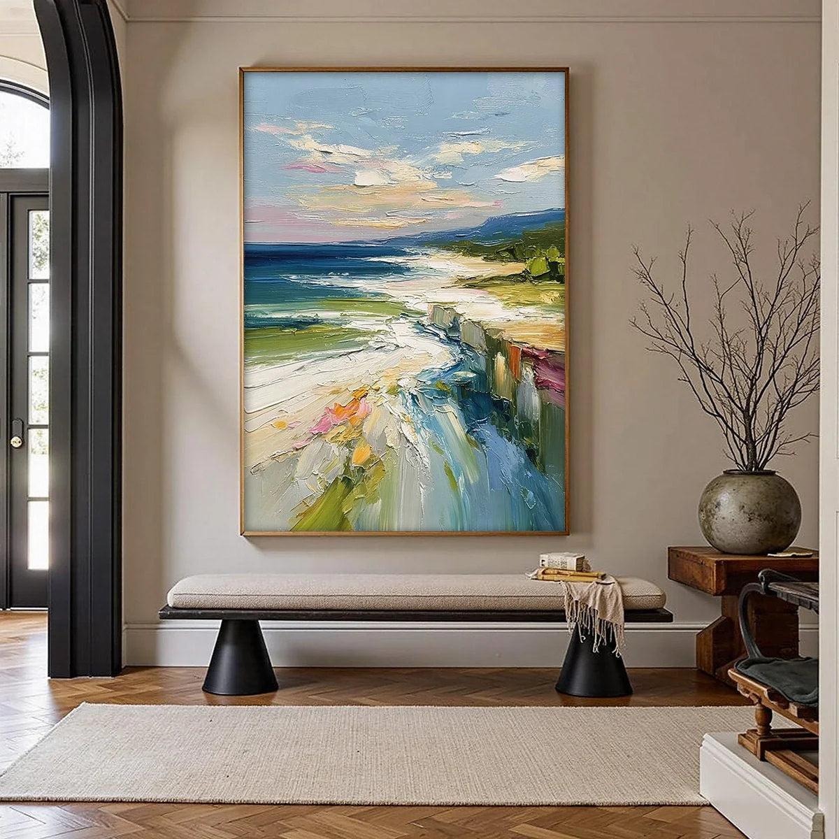 COASTAL EMBRACE: Textured Impasto Seascape Oil Painting for Wall Decor | gold frame stretched on neutral wall