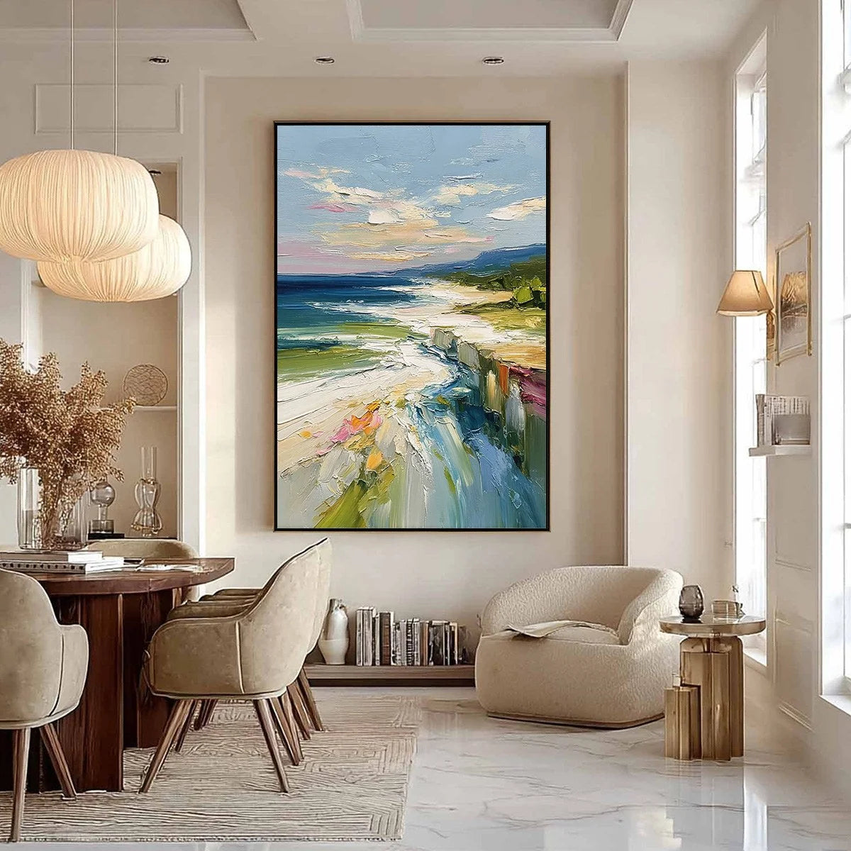 COASTAL EMBRACE: Textured Impasto Seascape Oil Painting for Wall Decor | black frame version on white wall