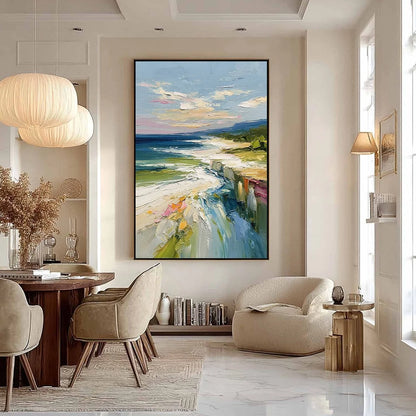 COASTAL EMBRACE: Textured Impasto Seascape Oil Painting for Wall Decor | black frame version on white wall