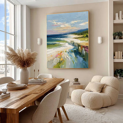 COASTAL EMBRACE: Textured Impasto Seascape Oil Painting for Wall Decor | Abstract mood, soft natural light studio shot