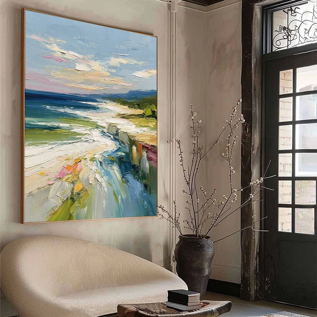 COASTAL EMBRACE: Textured Impasto Seascape Oil Painting for Wall Decor | beige palette, original Hand-painted on premium stretched canvas using artist-grade oils; rich layered surface combines smoo...