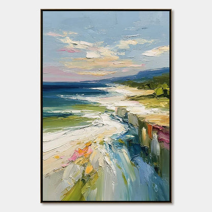 COASTAL EMBRACE: Textured Impasto Seascape Oil Painting for Wall Decor | hanging in COASTAL EMBRACE: Textured Impasto Seascape Oil Painting for Wall Decor featuring layered textured brushwork in re...