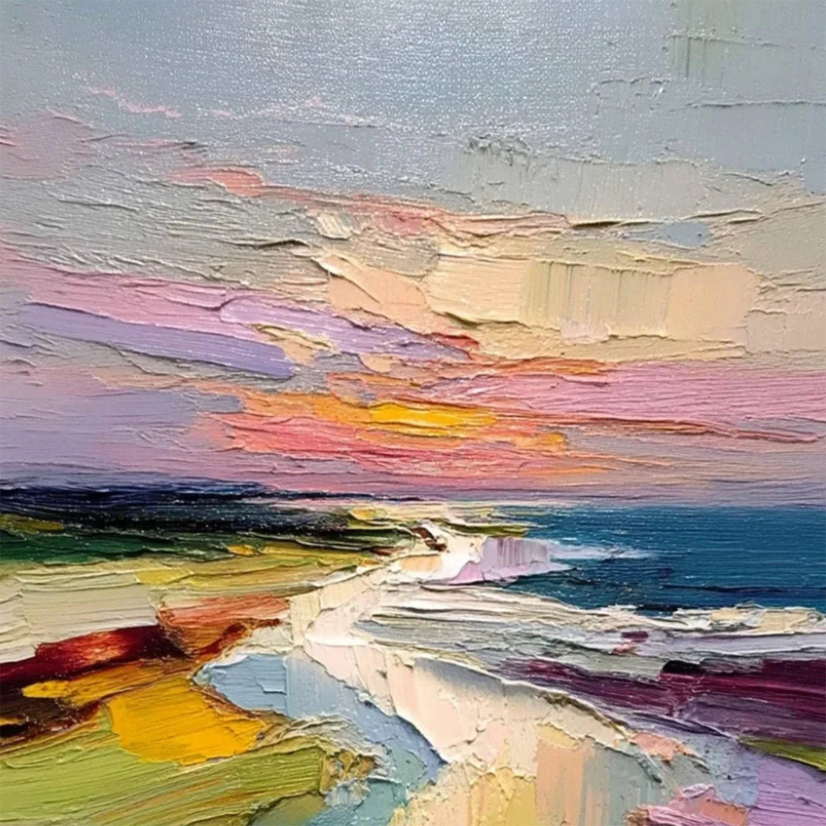 COASTAL EMBRACE: Textured Vertical Coastal Landscape Impasto Painting | rectangular format, hand-painted canvas edge