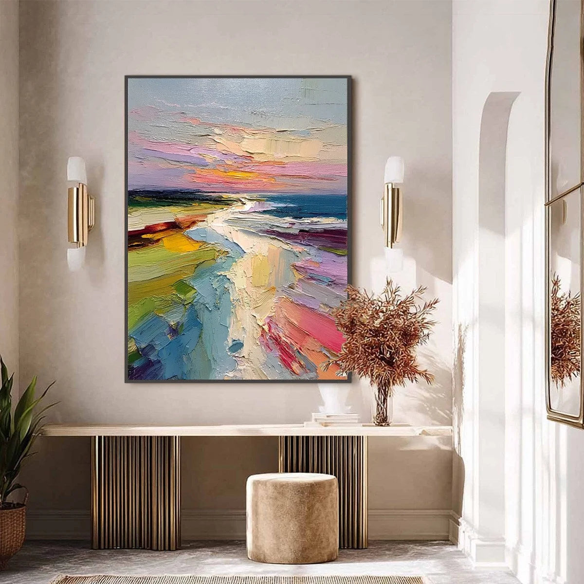 COASTAL EMBRACE: Textured Vertical Coastal Landscape Impasto Painting | gold frame stretched on neutral wall