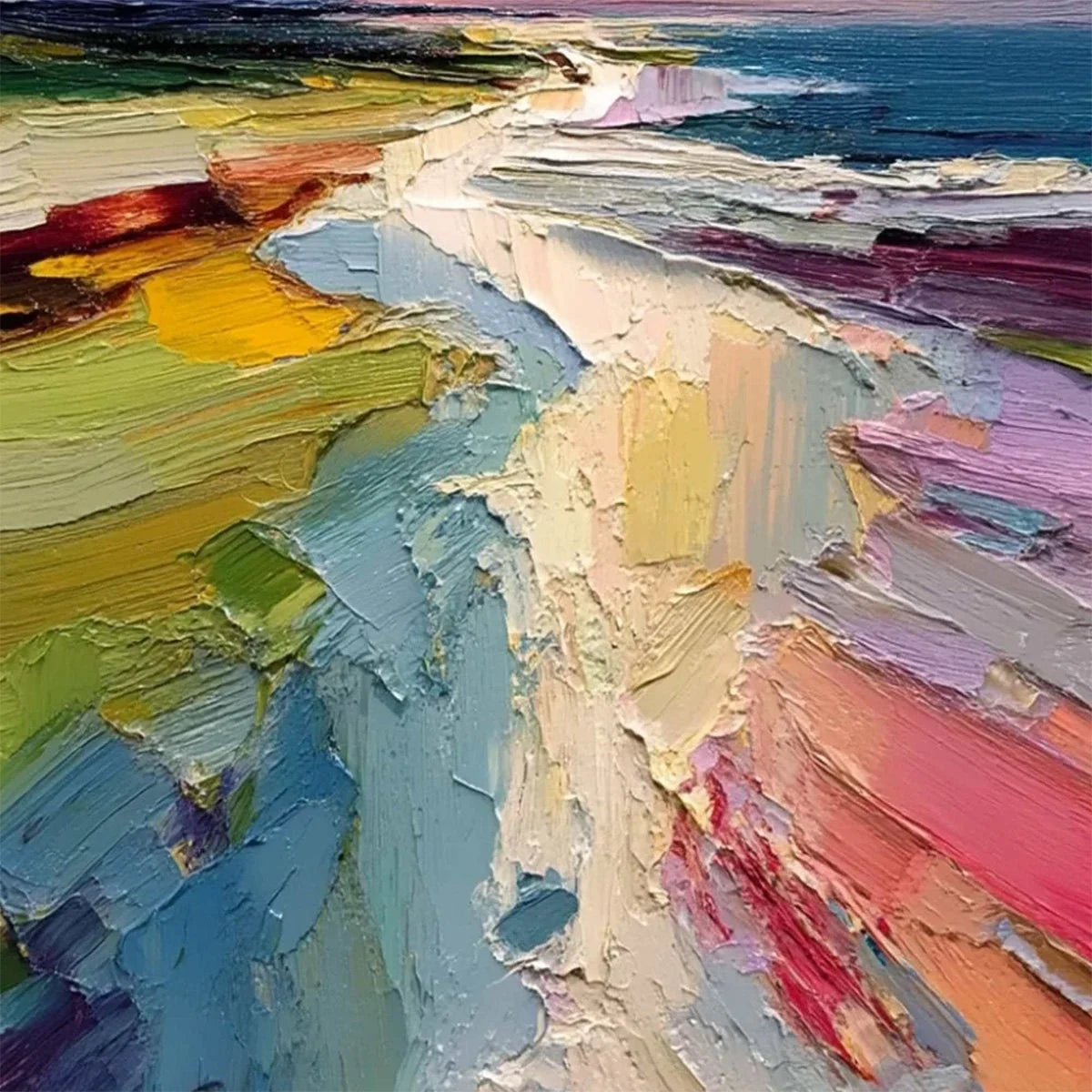COASTAL EMBRACE: Textured Vertical Coastal Landscape Impasto Painting | rolled canvas, ready for custom framing