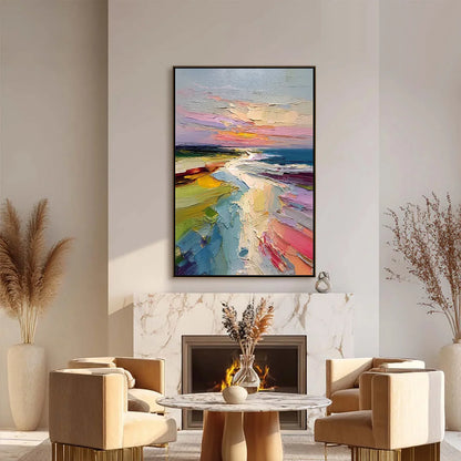 COASTAL EMBRACE: Textured Vertical Coastal Landscape Impasto Painting | black frame version on white wall