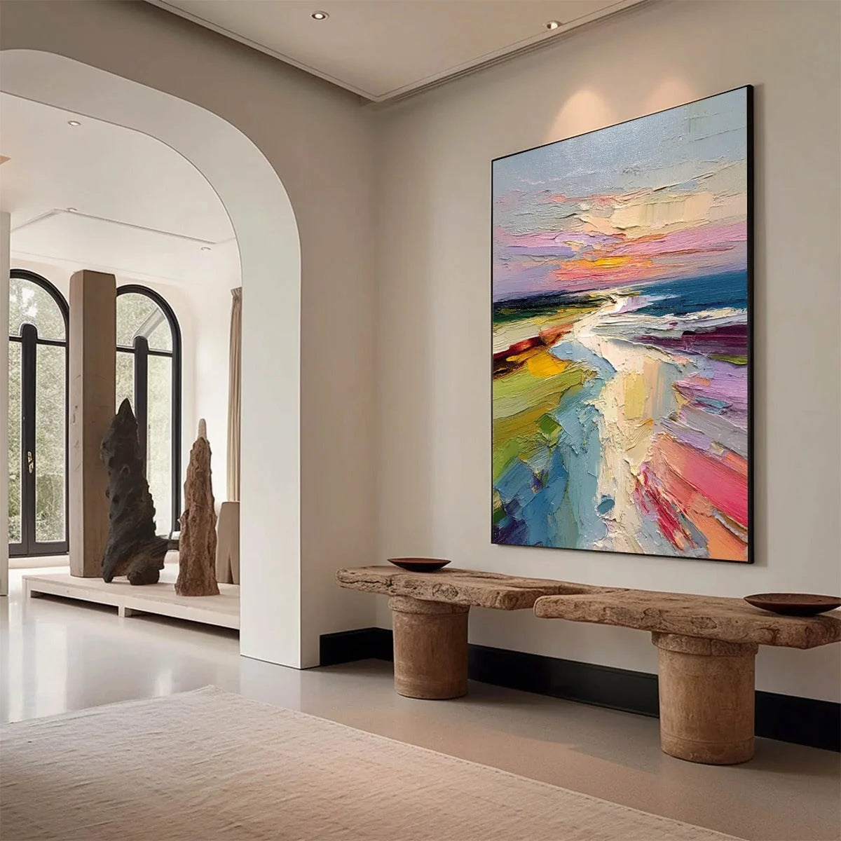 COASTAL EMBRACE: Textured Vertical Coastal Landscape Impasto Painting | Landscape mood, soft natural light studio shot