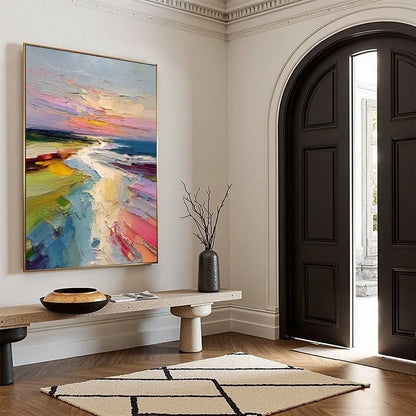 COASTAL EMBRACE: Textured Vertical Coastal Landscape Impasto Painting | beige palette, original Hand-painted on premium stretched canvas using artist-grade oils; rich layered surface combines smoot...