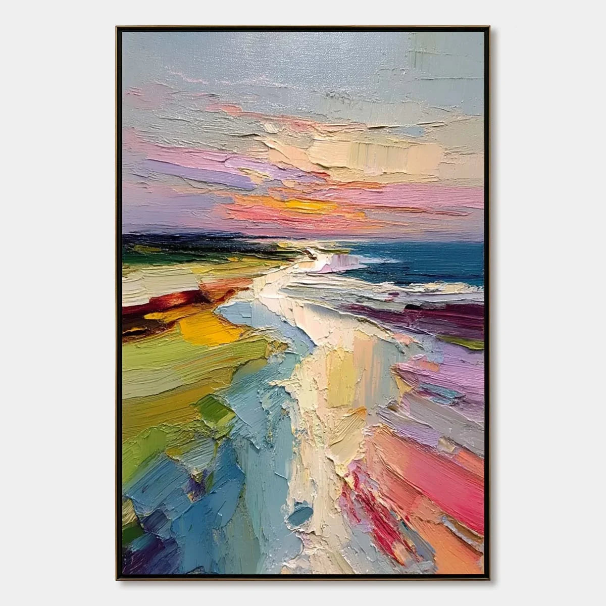 COASTAL EMBRACE: Textured Vertical Coastal Landscape Impasto Painting | hanging in COASTAL EMBRACE: Textured Vertical Coastal Landscape Impasto Painting featuring layered textured brushwork in refi...
