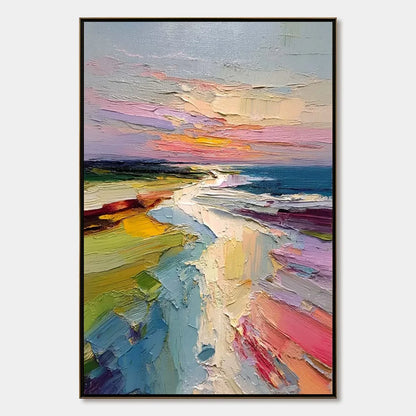 COASTAL EMBRACE: Textured Vertical Coastal Landscape Impasto Painting | hanging in COASTAL EMBRACE: Textured Vertical Coastal Landscape Impasto Painting featuring layered textured brushwork in refi...