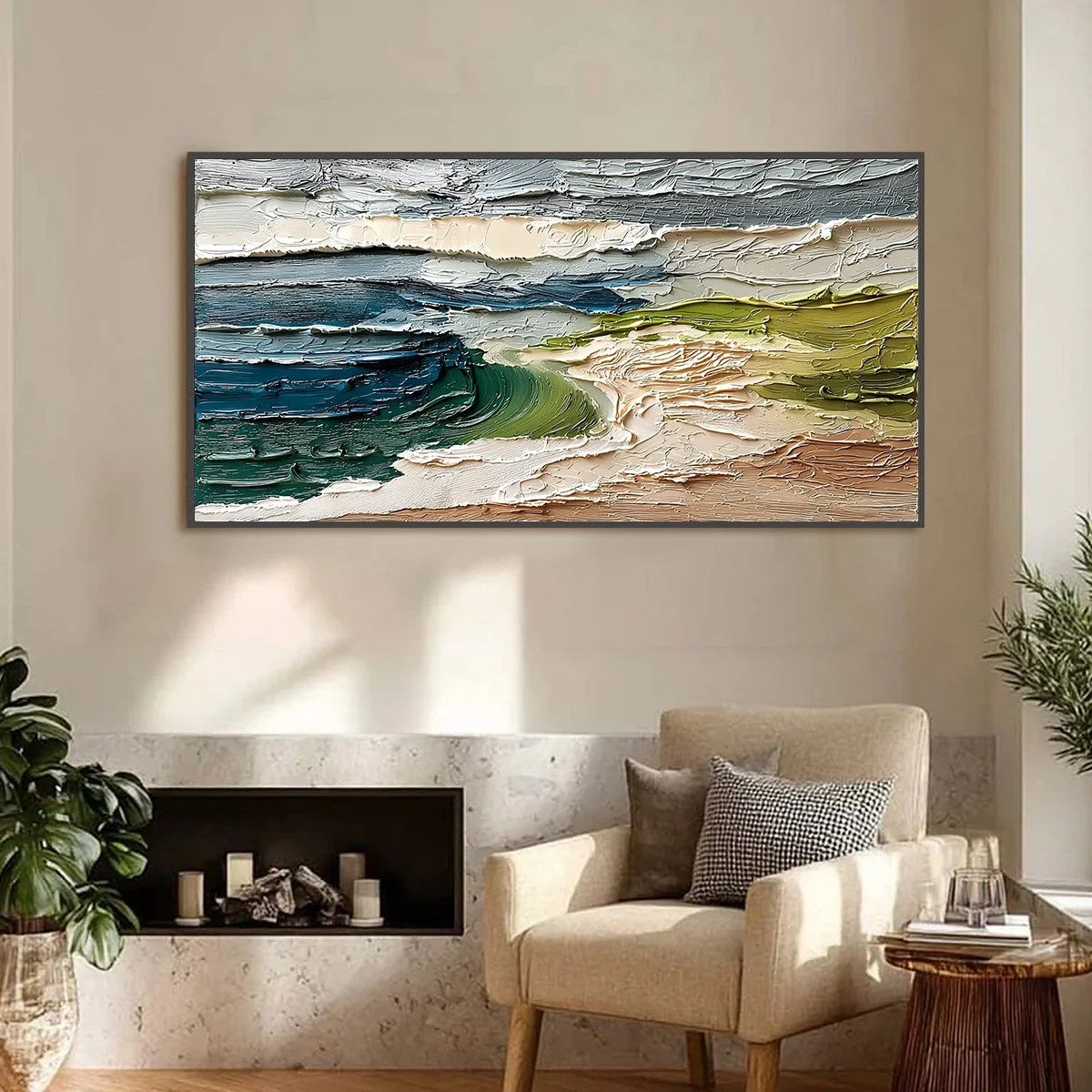 COASTAL EMBRACE: Textured Wabi Sabi Seascape Impasto Painting | Abstract closeup, raised brushwork detail