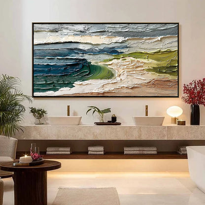 COASTAL EMBRACE: Textured Wabi Sabi Seascape Impasto Painting | gold frame stretched on neutral wall