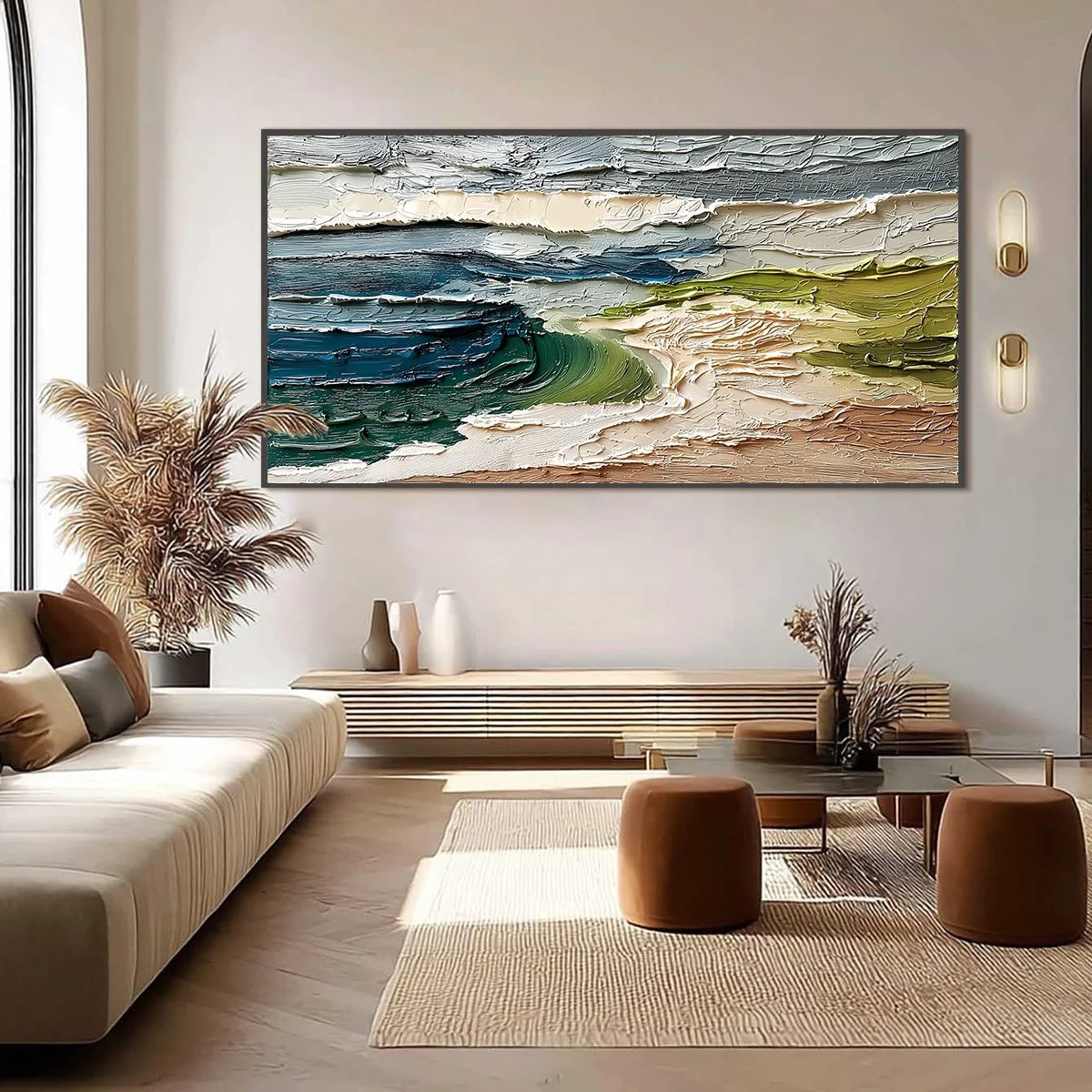 COASTAL EMBRACE: Textured Wabi Sabi Seascape Impasto Painting | black frame version on white wall