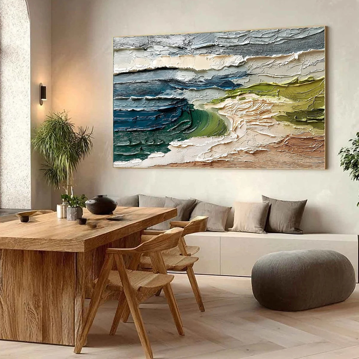 COASTAL EMBRACE: Textured Wabi Sabi Seascape Impasto Painting | Abstract mood, soft natural light studio shot