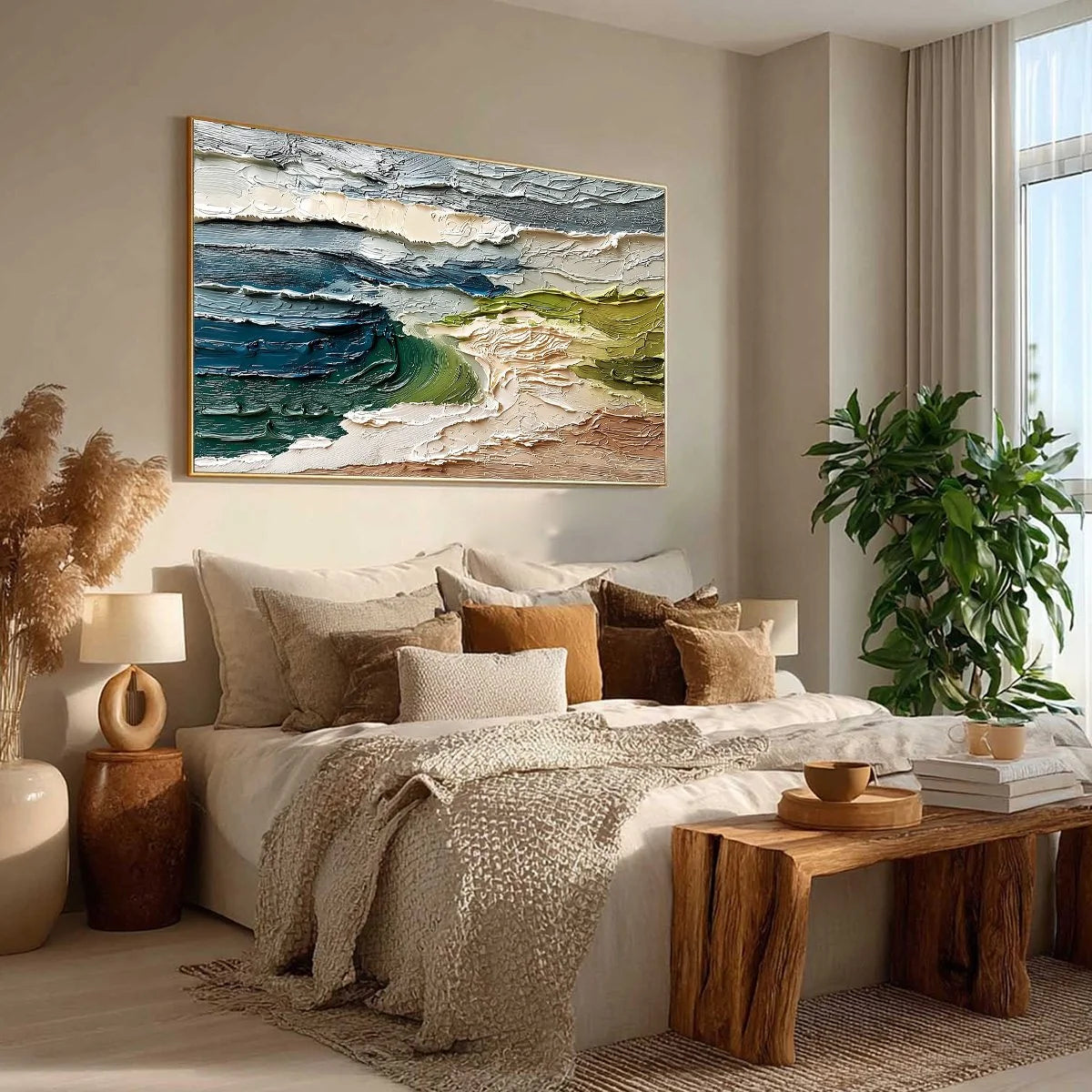 COASTAL EMBRACE: Textured Wabi Sabi Seascape Impasto Painting | beige palette, original Hand-painted on premium stretched canvas using artist-grade oils; rich layered surface combines smooth gradie...