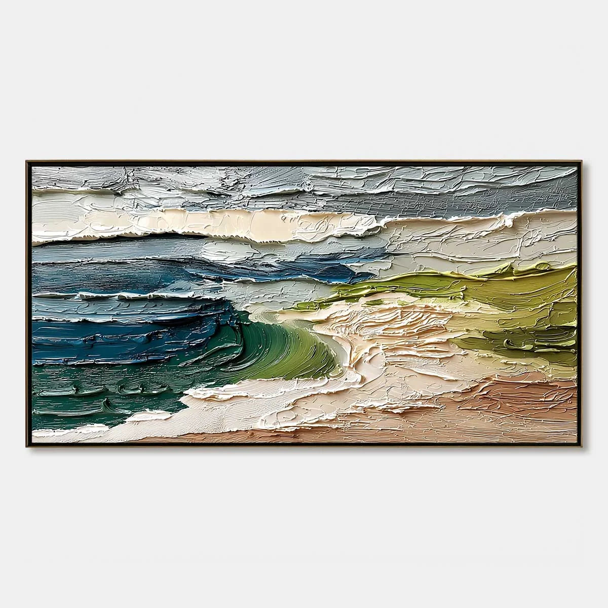 COASTAL EMBRACE: Textured Wabi Sabi Seascape Impasto Painting | hanging in COASTAL EMBRACE: Textured Wabi Sabi Seascape Impasto Painting featuring layered textured brushwork in refined tones; abstr...
