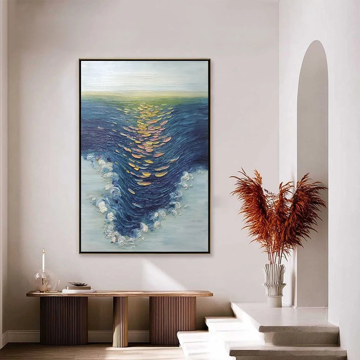 COASTAL GLOW: Textured Impasto Ocean Sunset Abstract Oil Painting | gold frame stretched on neutral wall