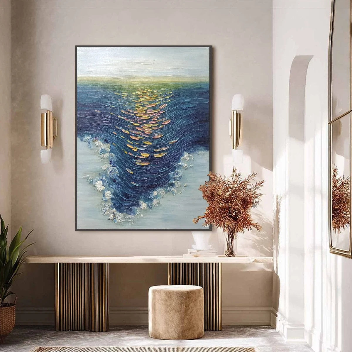 COASTAL GLOW: Textured Impasto Ocean Sunset Abstract Oil Painting | black frame version on white wall