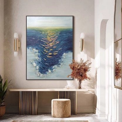 COASTAL GLOW: Textured Impasto Ocean Sunset Abstract Oil Painting | black frame version on white wall