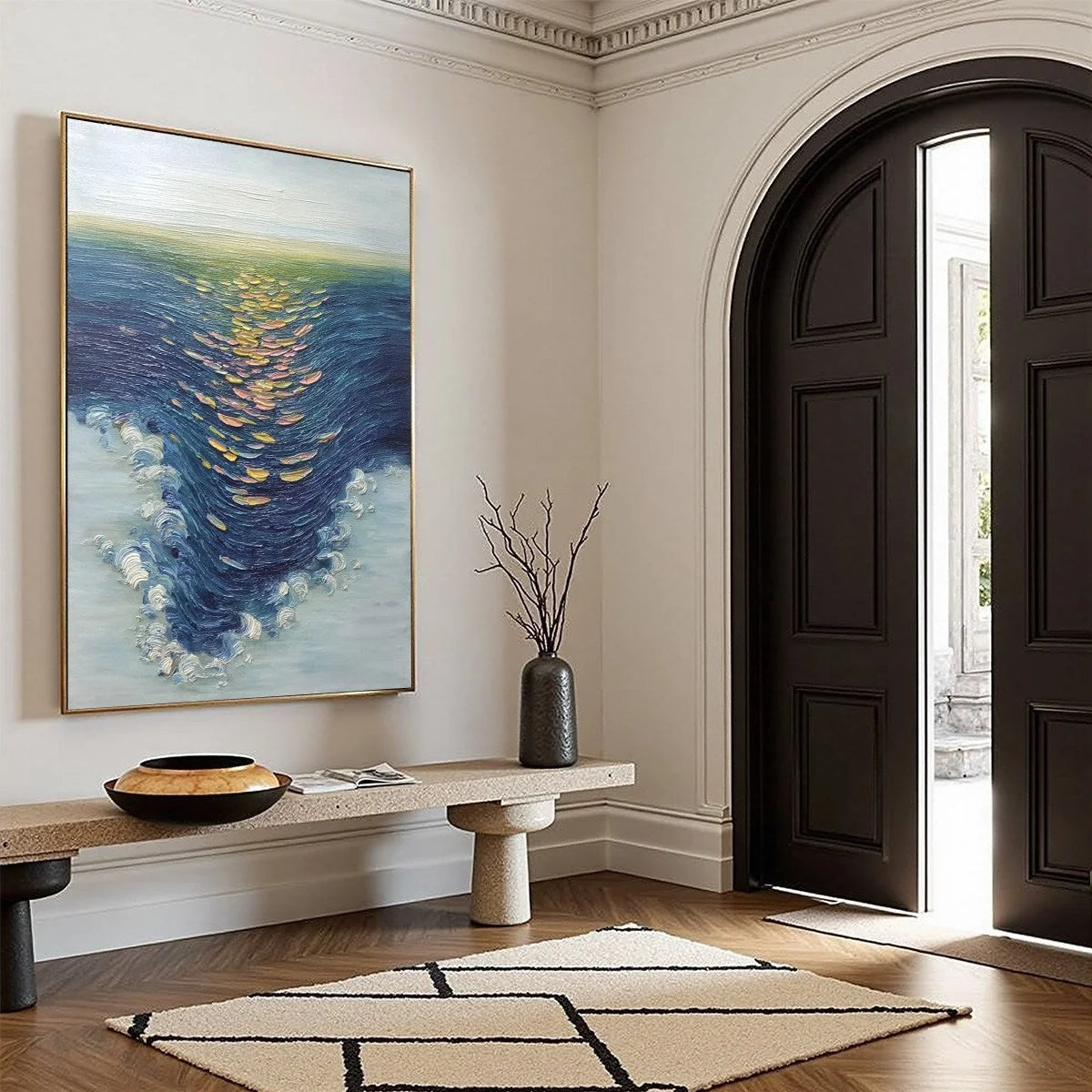 COASTAL GLOW: Textured Impasto Ocean Sunset Abstract Oil Painting | blue palette, original Hand-painted on premium stretched canvas using artist-grade oils; rich layered surface combines smooth gra...