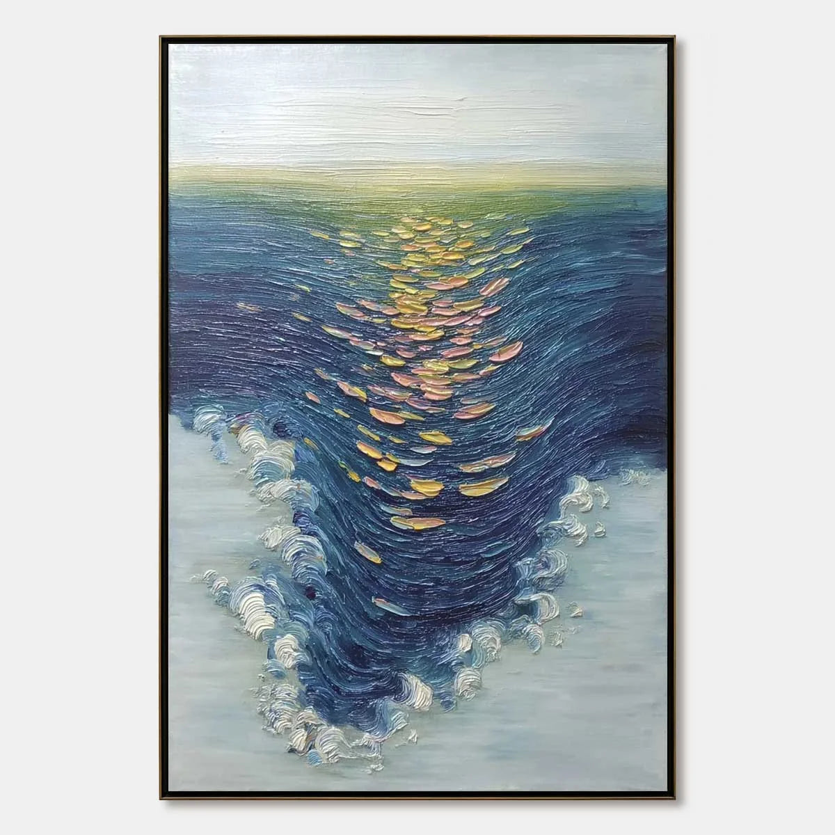 COASTAL GLOW: Textured Impasto Ocean Sunset Abstract Oil Painting | hanging in COASTAL GLOW: Textured Impasto Ocean Sunset Abstract Oil Painting featuring layered textured brushwork in refined tone...