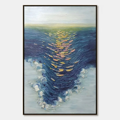 COASTAL GLOW: Textured Impasto Ocean Sunset Abstract Oil Painting | hanging in COASTAL GLOW: Textured Impasto Ocean Sunset Abstract Oil Painting featuring layered textured brushwork in refined tone...