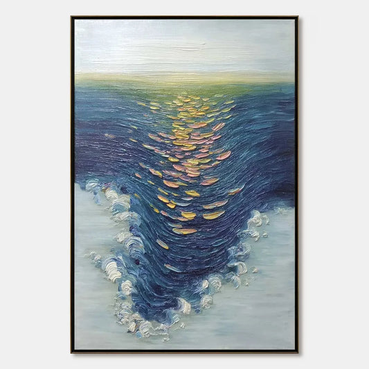 COASTAL GLOW: Textured Impasto Ocean Sunset Abstract Oil Painting | hanging in COASTAL GLOW: Textured Impasto Ocean Sunset Abstract Oil Painting featuring layered textured brushwork in refined tone...