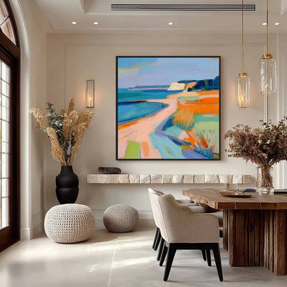 COASTAL GLOW: Textured Impasto Seascape Oil Painting for Coastal Decor | gold frame stretched on neutral wall