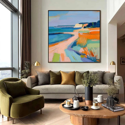 COASTAL GLOW: Textured Impasto Seascape Oil Painting for Coastal Decor | black frame version on white wall