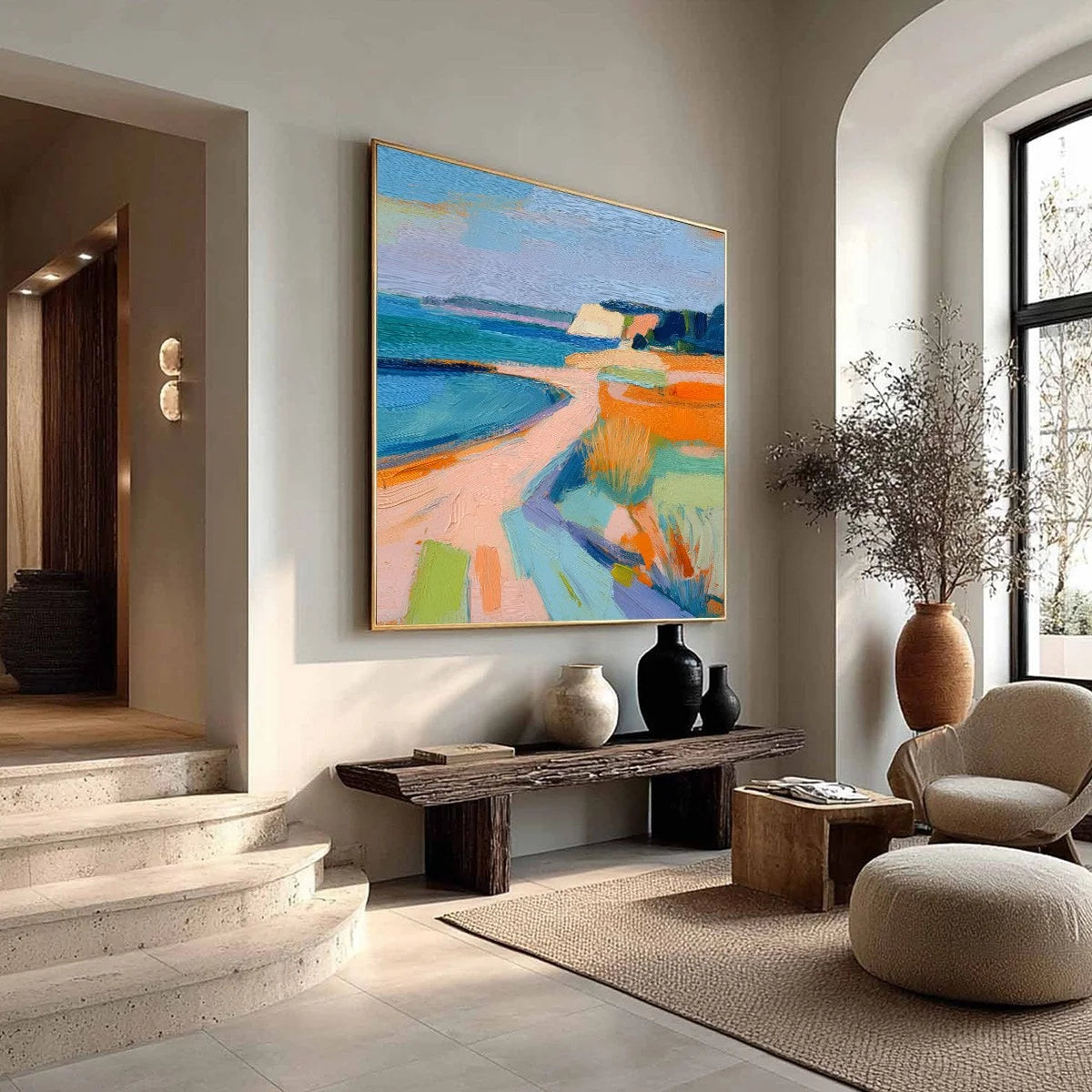 COASTAL GLOW: Textured Impasto Seascape Oil Painting for Coastal Decor | beige palette, original Hand-painted on premium stretched canvas using artist-grade oils; rich layered surface combines smoo...