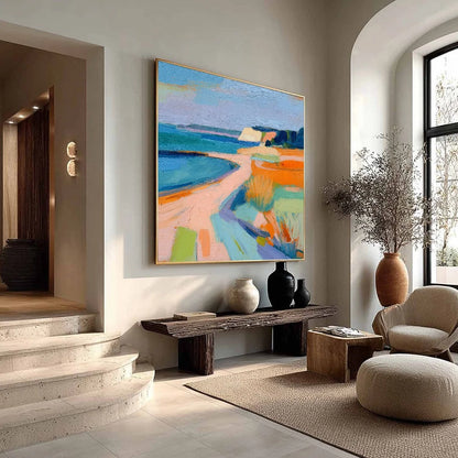 COASTAL GLOW: Textured Impasto Seascape Oil Painting for Coastal Decor | beige palette, original Hand-painted on premium stretched canvas using artist-grade oils; rich layered surface combines smoo...