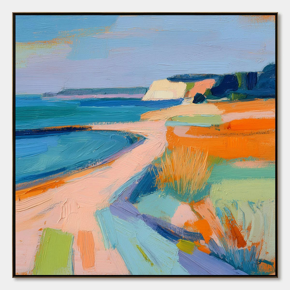 COASTAL GLOW: Textured Impasto Seascape Oil Painting for Coastal Decor | hanging in COASTAL GLOW: Textured Impasto Seascape Oil Painting for Coastal Decor featuring layered textured brushwork in re...